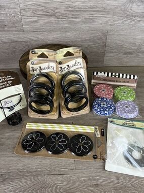 Lot Of Mason Jar Lids, Candle Holder, Rings, Straws, Soap Dispenser, ALL NEW